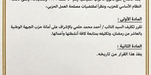 "الجبهة الوطنية بالشرقية" يكلف أحمد حلمي بالإشراف على أمانة الحزب بالعاشر من رمضان