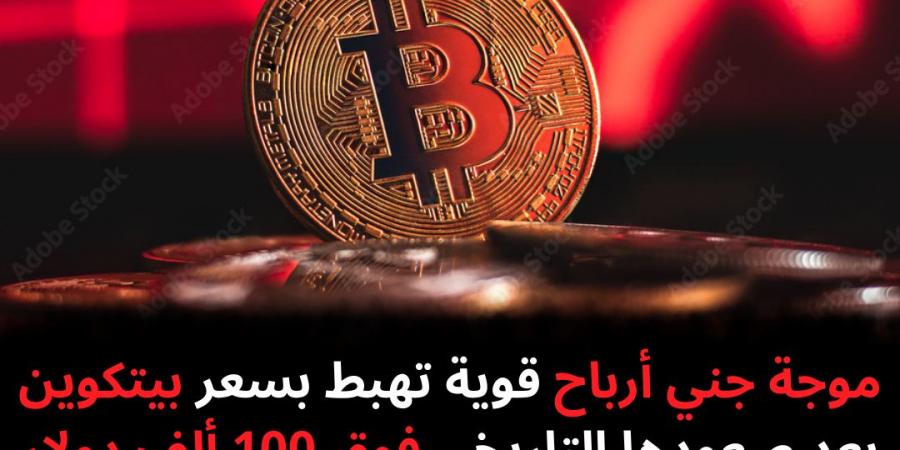 موجة
جني
أرباح
قوية
تهبط
بسعر
بيتكوين
بعد
صعودها
التاريخي
فوق
100
ألف
دولار