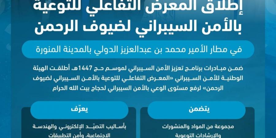 الهيئة الوطنية للأمن السيبراني تطلق «المعرض التفاعلي للتوعية بالأمن السيبراني لضيوف الرحمن» في مطار المدينة المنورة