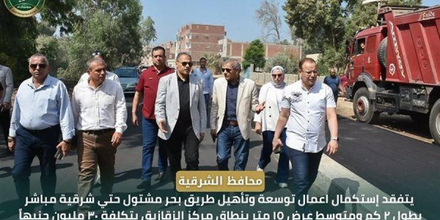 بتكلفة 30 مليون جنيه، محافظ الشرقية يتابع أعمال استكمال توسعة طريق بحر مشتول