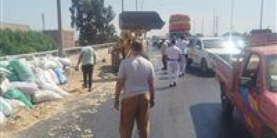 انقلاب حمولة سيارة «جامبو» أعلى كوبري قها بطريق القاهرة–الإسكندرية الزراعي دون إصابات